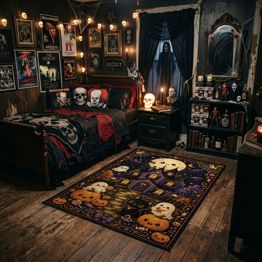 haunted village with pumpkins and ghosts faux velvet Halloween area rug, angled room view