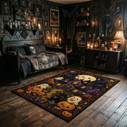 haunted village with pumpkins and ghosts faux velvet Halloween area rug, full pattern view