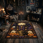 haunted village with pumpkins and ghosts faux velvet Halloween area rug, soft surface detail