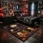 haunted village with pumpkins and ghosts faux velvet Halloween area rug, wood floor styling