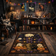 haunted village with pumpkins and ghosts faux velvet Halloween area rug, close decorative detail