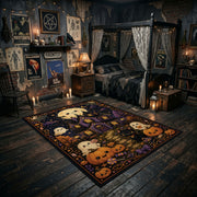 haunted village with pumpkins and ghosts faux velvet Halloween area rug, front room mockup