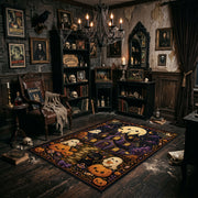 haunted village with pumpkins and ghosts faux velvet Halloween area rug, wide interior view
