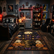 haunted village with pumpkins and ghosts faux velvet Halloween area rug, design detail view