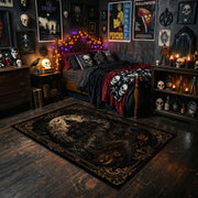 dark gothic night with ornate symbols faux velvet Halloween area rug, cozy home setting