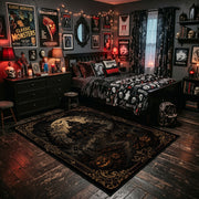dark gothic night with ornate symbols faux velvet Halloween area rug, wood floor styling