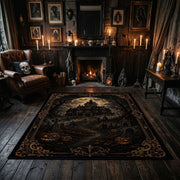 dark gothic night with ornate symbols faux velvet Halloween area rug, close decorative detail