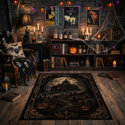 dark gothic night with ornate symbols faux velvet Halloween area rug, front room mockup