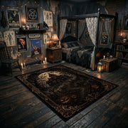 dark gothic night with ornate symbols faux velvet Halloween area rug, wide interior view