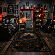 dark gothic night with ornate symbols faux velvet Halloween area rug, design detail view