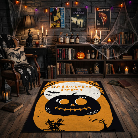 cute black cat inside a pumpkin faux velvet Halloween area rug, featured room view