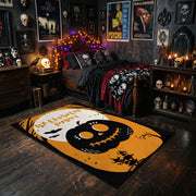 cute black cat inside a pumpkin faux velvet Halloween area rug, cozy home setting