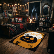 cute black cat inside a pumpkin faux velvet Halloween area rug, angled room view