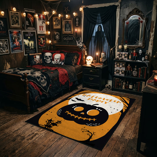 cute black cat inside a pumpkin faux velvet Halloween area rug, angled room view