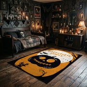 cute black cat inside a pumpkin faux velvet Halloween area rug, full pattern view