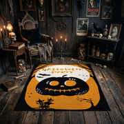 cute black cat inside a pumpkin faux velvet Halloween area rug, soft surface detail