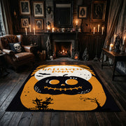 cute black cat inside a pumpkin faux velvet Halloween area rug, close decorative detail