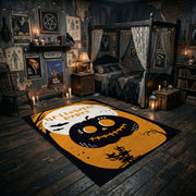 cute black cat inside a pumpkin faux velvet Halloween area rug, front room mockup