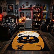 cute black cat inside a pumpkin faux velvet Halloween area rug, design detail view