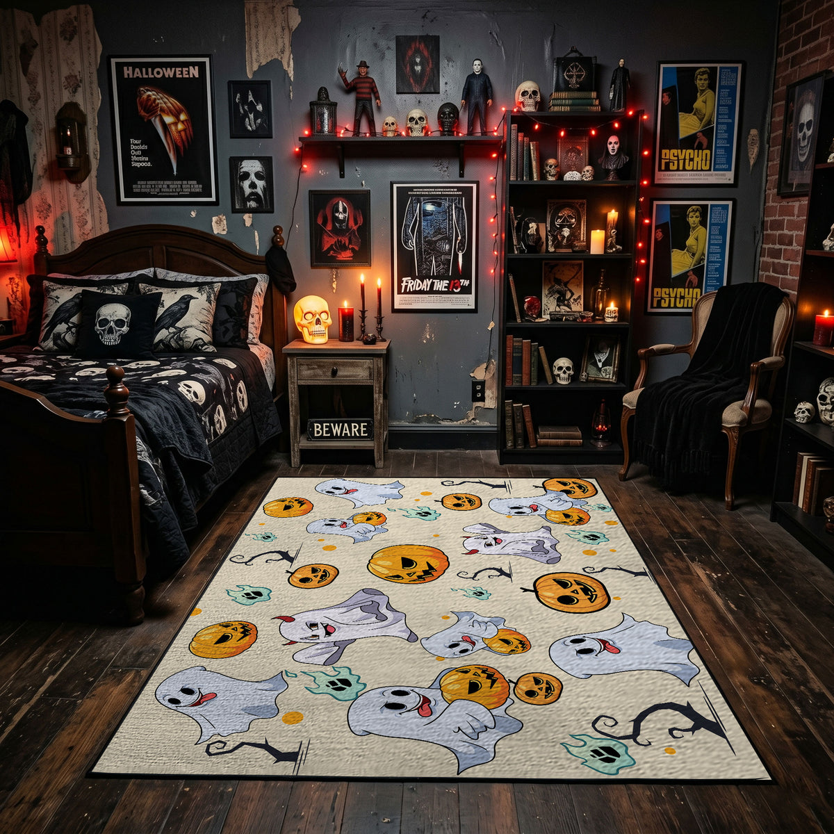 cute ghosts, pumpkins, and stars faux velvet Halloween area rug, featured room view