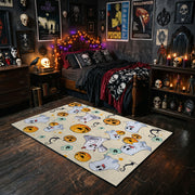 cute ghosts, pumpkins, and stars faux velvet Halloween area rug, cozy home setting