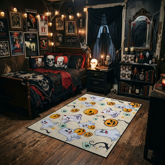 cute ghosts, pumpkins, and stars faux velvet Halloween area rug, angled room view