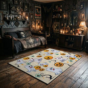 cute ghosts, pumpkins, and stars faux velvet Halloween area rug, full pattern view