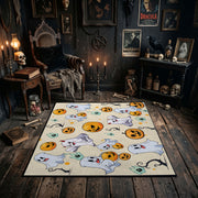 cute ghosts, pumpkins, and stars faux velvet Halloween area rug, soft surface detail
