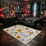 cute ghosts, pumpkins, and stars faux velvet Halloween area rug, wood floor styling