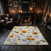 cute ghosts, pumpkins, and stars faux velvet Halloween area rug, close decorative detail