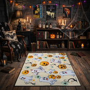 cute ghosts, pumpkins, and stars faux velvet Halloween area rug, front room mockup