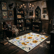 cute ghosts, pumpkins, and stars faux velvet Halloween area rug, design detail view