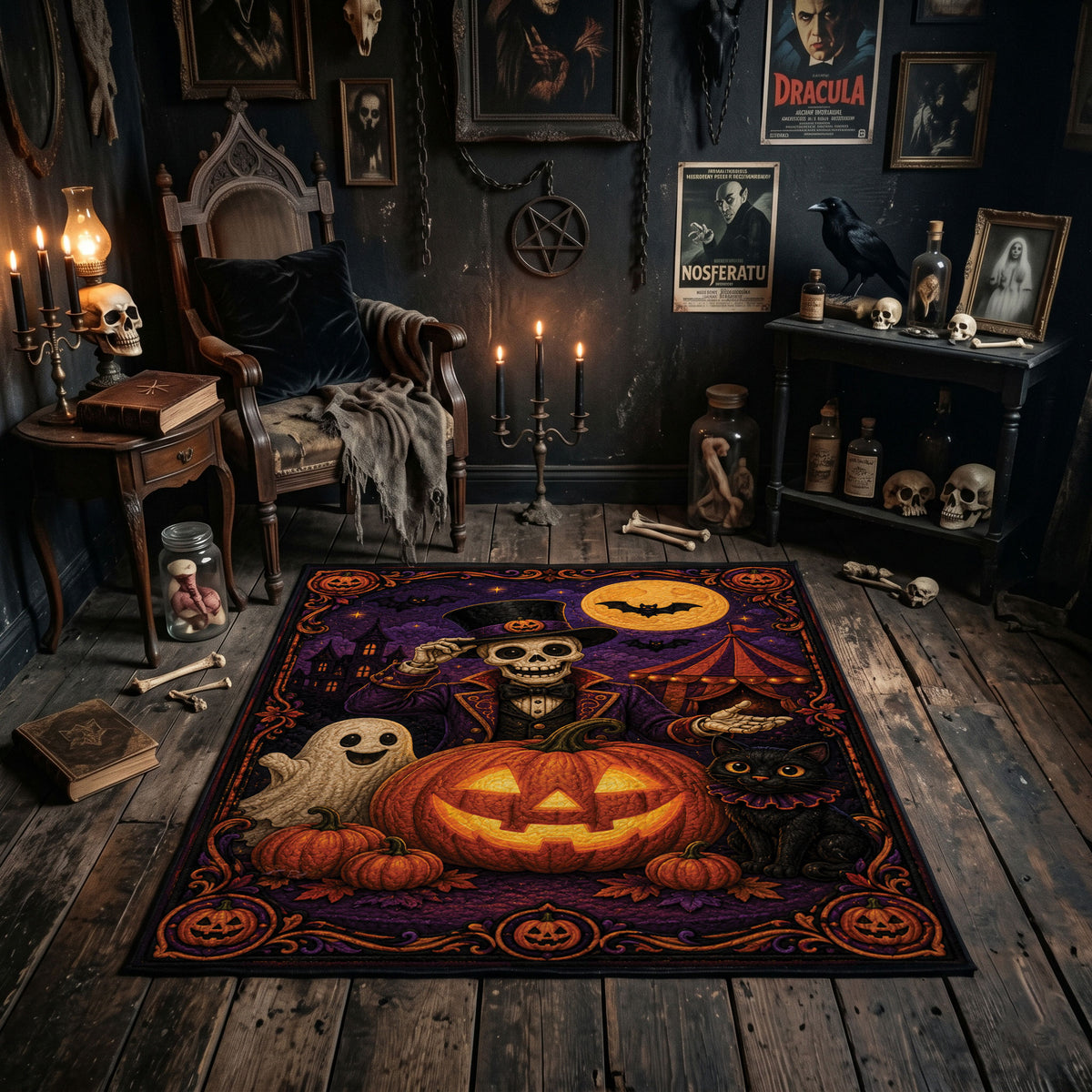 moonlit pumpkin magic faux velvet Halloween area rug, featured room view