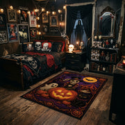 moonlit pumpkin magic faux velvet Halloween area rug, angled room view