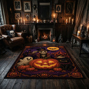 moonlit pumpkin magic faux velvet Halloween area rug, wood floor styling
