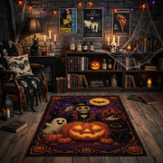 moonlit pumpkin magic faux velvet Halloween area rug, close decorative detail