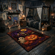 moonlit pumpkin magic faux velvet Halloween area rug, front room mockup