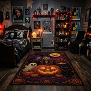 moonlit pumpkin magic faux velvet Halloween area rug, design detail view