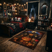 enchanted pumpkin garden faux velvet Halloween area rug, angled room view