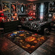 enchanted pumpkin garden faux velvet Halloween area rug, wood floor styling