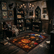 enchanted pumpkin garden faux velvet Halloween area rug, wide interior view