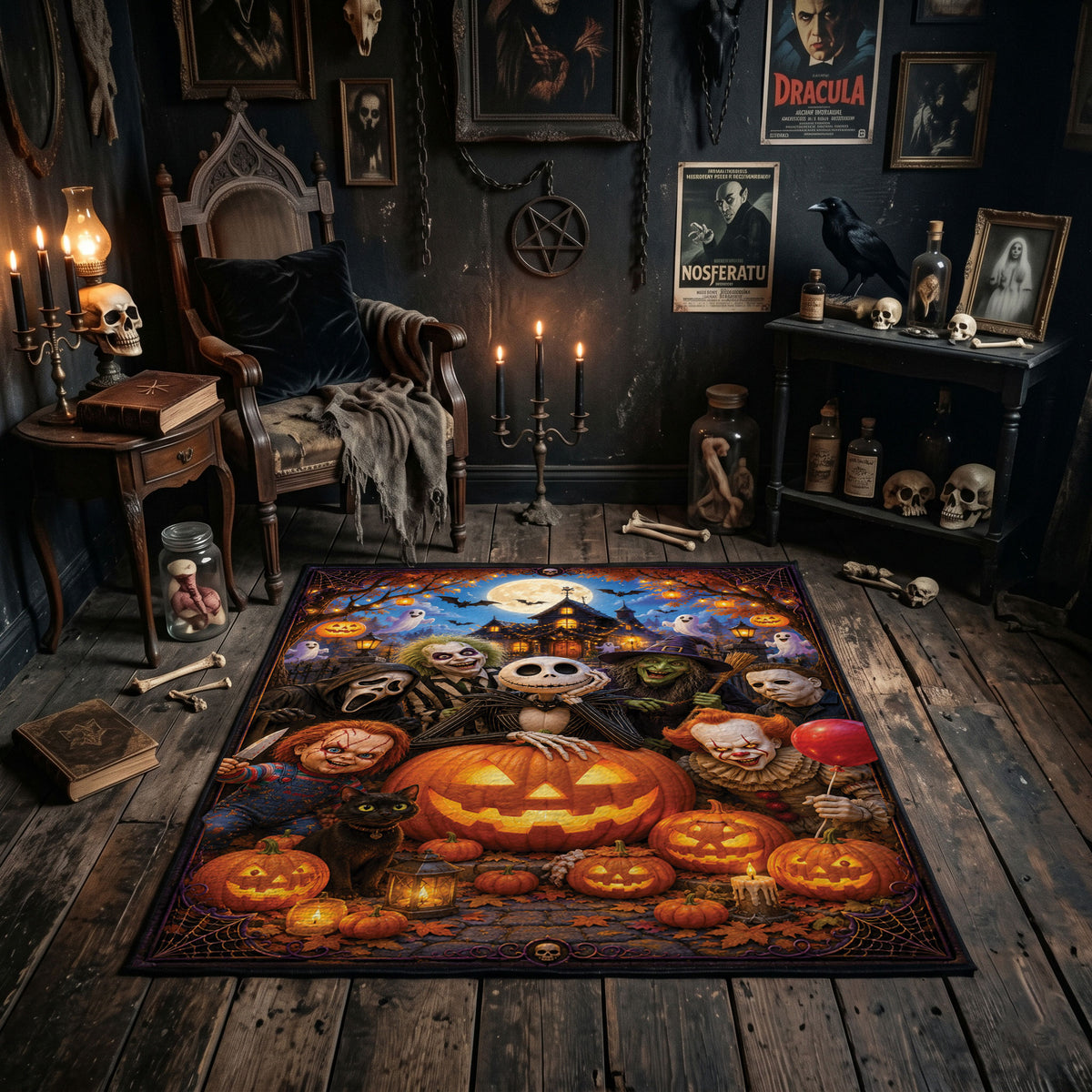 pumpkin and ghost gathering faux velvet Halloween area rug, featured room view