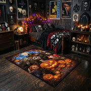 pumpkin and ghost gathering faux velvet Halloween area rug, cozy home setting