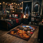 pumpkin and ghost gathering faux velvet Halloween area rug, angled room view