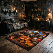 pumpkin and ghost gathering faux velvet Halloween area rug, full pattern view