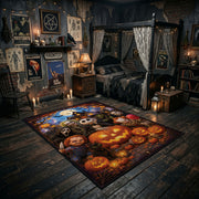 pumpkin and ghost gathering faux velvet Halloween area rug, front room mockup