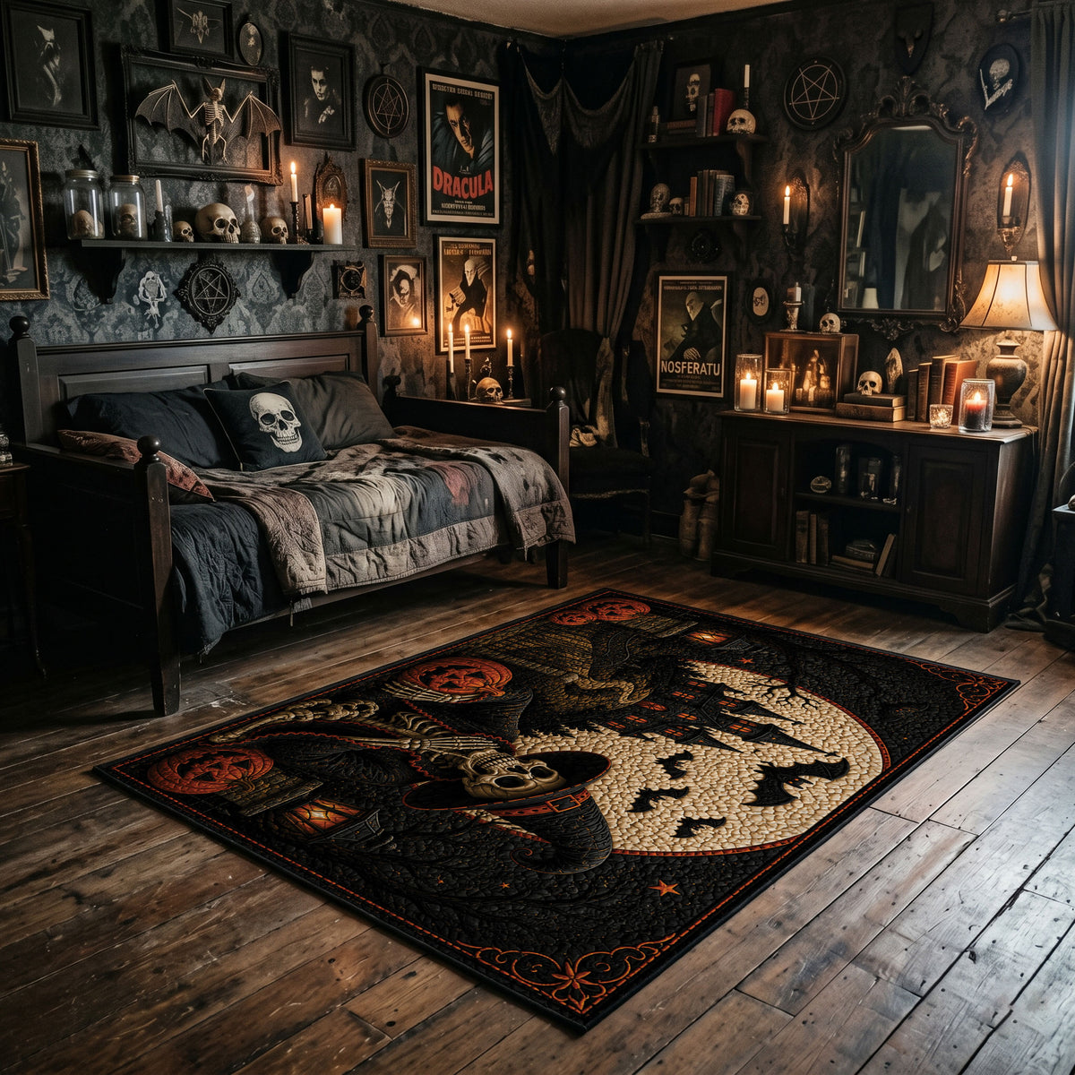 spooky cat and moon faux velvet Halloween area rug, featured room view
