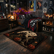 spooky cat and moon faux velvet Halloween area rug, cozy home setting