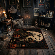 spooky cat and moon faux velvet Halloween area rug, full pattern view