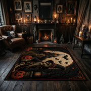 spooky cat and moon faux velvet Halloween area rug, wood floor styling